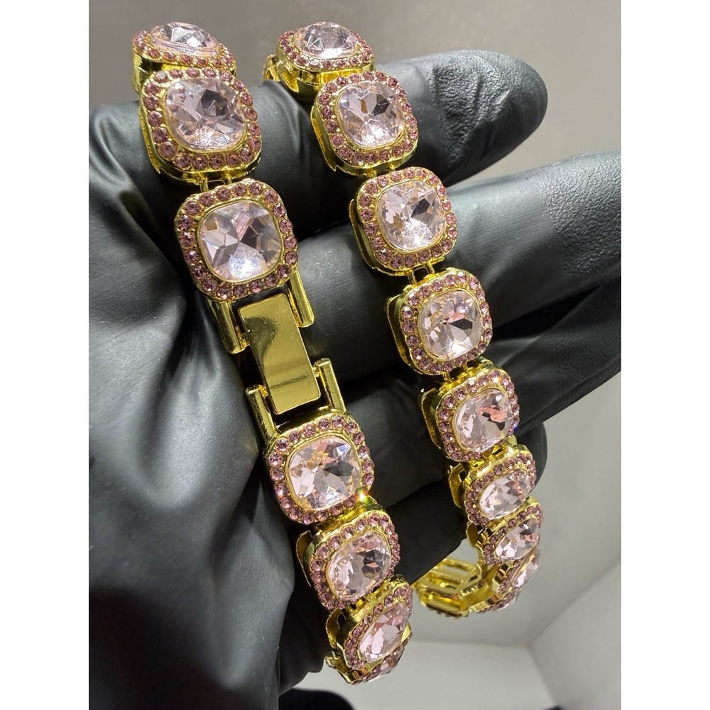 tennis chain pink & gold necklace iced out vvscz over stainless 22inch 12.5mm - Picture 3 of 7